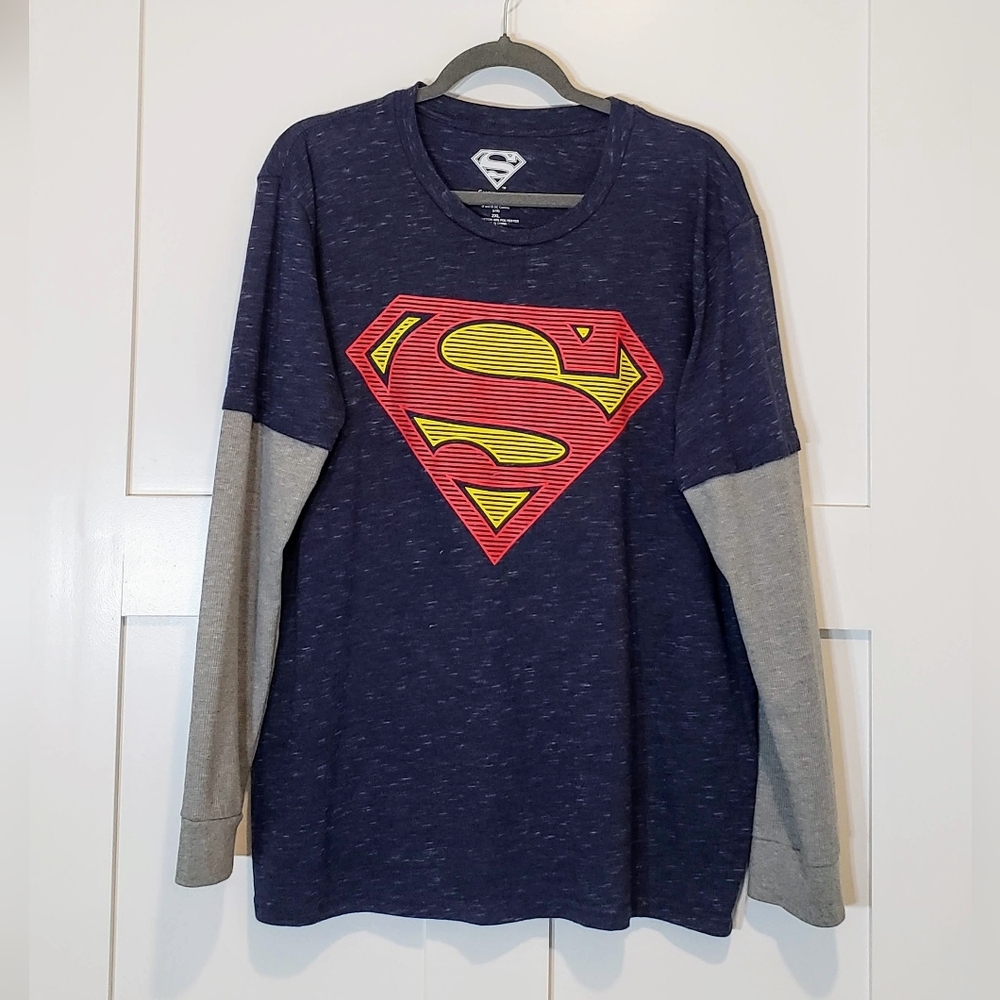 DC Comics Superman Long Sleeve Layered Look Graphic Tee Shirt Mens Size 2XL Blue